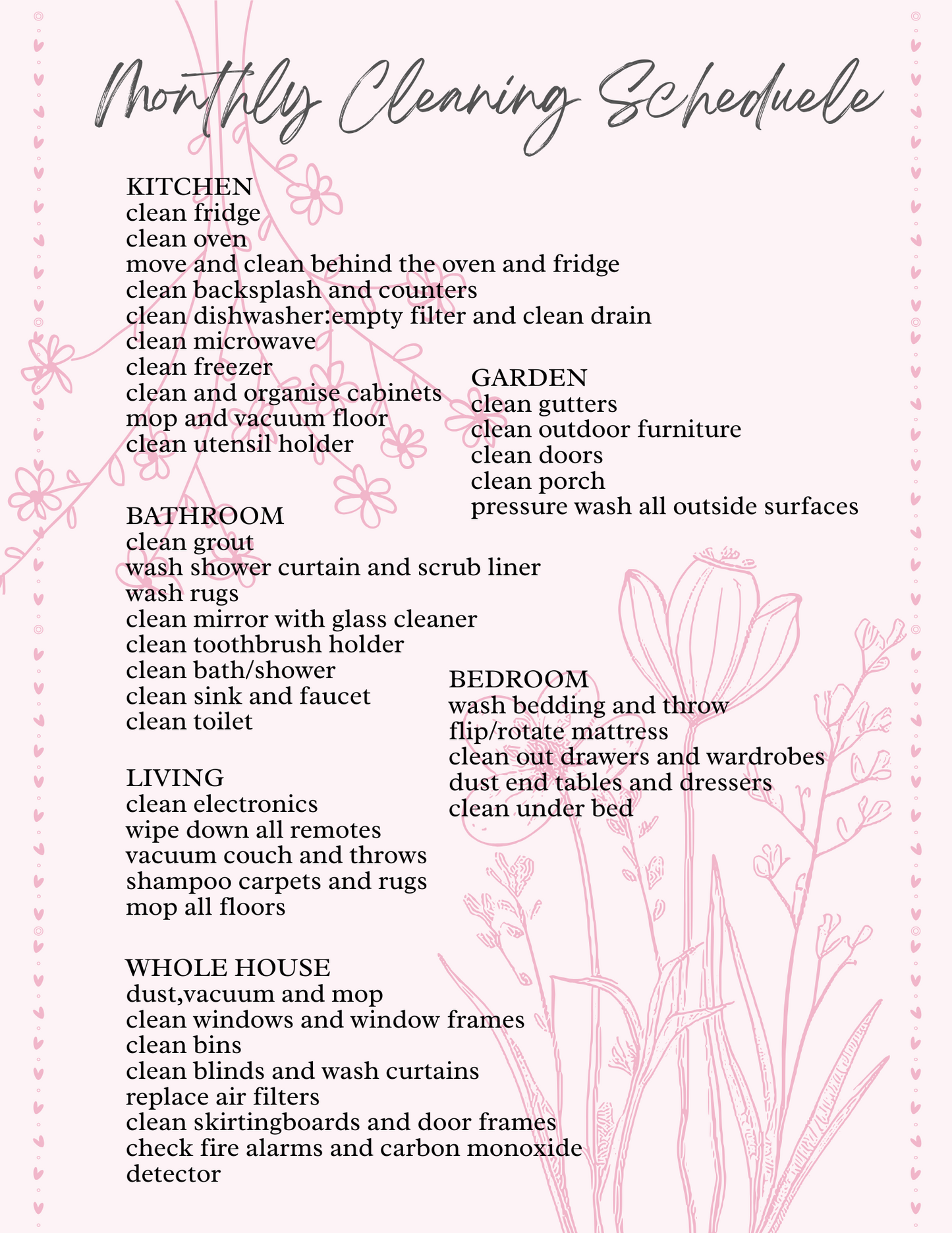 Monthly Cleaning Schedule